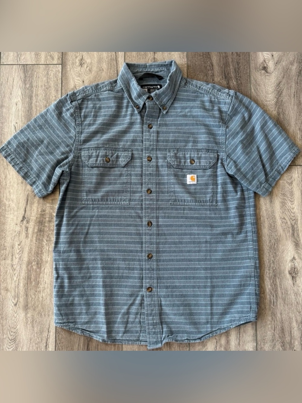 Carhartt Mens Loose Fit Midweight Chambray Striped Short Sleeve Button Up Medium
